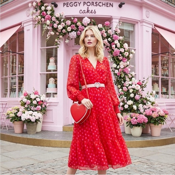 Kate Spade 100% Silk Heart Sheer-Sleeve Midi Dress - Picture 3 of 13